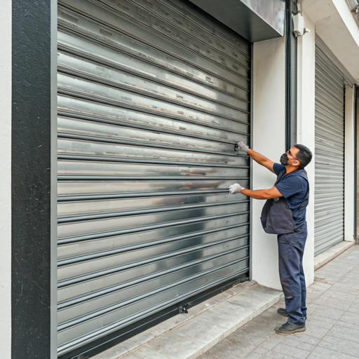 Technician repairing a metal rolling shutter in a shop front